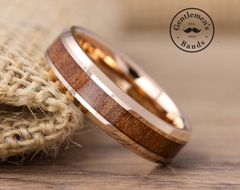 Rose Gold Wedding Band, Mens Polished Tungsten Band, Rose Gold Koa Wood Ring, Koa Wood Ring, Wedding Band, Rose Gold Plated Ring