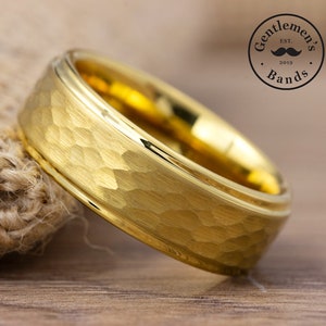Mens Gold Hammered Wedding Band, Mens Gold Wedding Ring, Mens Hammered Ring, Tungsten Carbide Band, Engagement Ring, Anniversary Ring