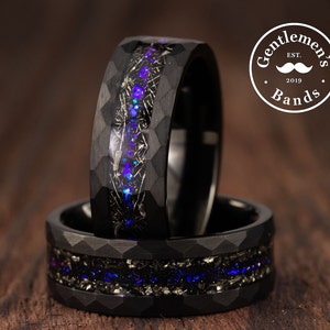 Hammered Meteorite Ring, Men Black Wedding Band, Blue Galaxy