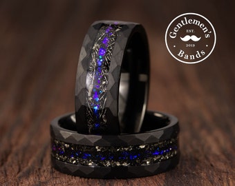 Bague météorite martelée, alliance noire pour homme, bague opale galaxie bleue, alliance pour homme, alliance météorite, cadeau d'anniversaire mari