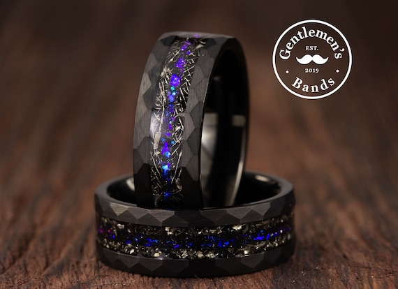 Hammered Meteorite Ring, Men Black Wedding Band, Blue Galaxy Opal