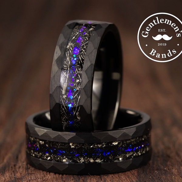 Hammered Meteorite Ring, Men Black wedding Band, Blue Galaxy Opal Ring, Mens Wedding Band, Meteorite Wedding Band, Husband Birthday Gift