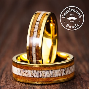 Mens Deer Antler Wedding Band, Mens Whiskey Barrel Wood Ring, Gold Ring, Mens Gold Wedding Band, Antler Ring, Engagement, Whiskey Wood Ring
