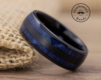 Mens Black Blue Wood Wedding Band, Mens Black Wedding Ring, Mens Blue Wood Ring, Tungsten Carbide Band, Engagement Ring, Wooden Ring