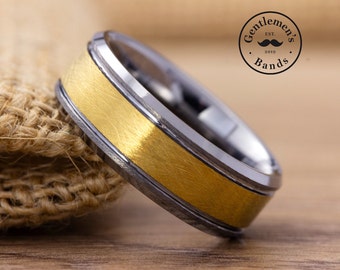 Brushed Gold Wedding Band Men, Silver Wedding Band, 8mm Man Ring, Mens Promise Band, Engagement Ring, Anniversary Gift, Unique Mens Ring