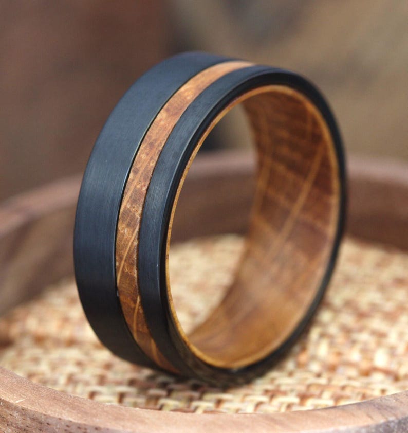Mens tungsten wedding band with whiskey barrel on Etsy