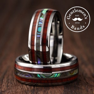 Abalone Ehering mit Koa Holz, Herrenring, Ehering aus Holz, einzigartiger Ehering, Abalone Ring, Männer Jahrestagsring, Versprechen Ring