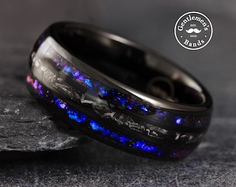 Meteorite Ring, Orion Nebula Outer Space Meteor Ring, Blue Sandstone Ring, Mens Wedding Band, Black Tungsten Ring, Husband Anniversary Gift