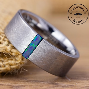 Mens Silver Opal Wedding Band, Mens Opal Wedding Ring, Mens Silver Ring, Tungsten Carbide Band, Engagement Ring, Anniversary Ring