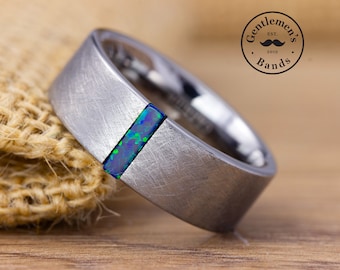Mens Silver Opal Wedding Band, Mens Opal Wedding Ring, Mens Silver Ring, Tungsten Carbide Band, Engagement Ring, Anniversary Ring