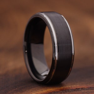 Black Brushed Silver Wedding Band, Mens Black Wedding Ring With Silver ...