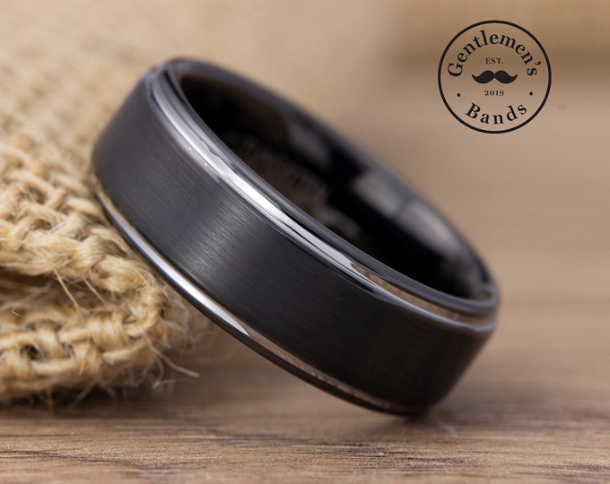 Black Brushed Silver Wedding Band Mens Black Wedding Ring With Silver