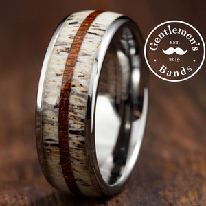 Deer Antler Ring, Whiskey Barrel Wood and Antler Ring, Mens Wedding Band, Husband Anniversary Gift, Whiskey Barrel Ring, Wood Mens Ring