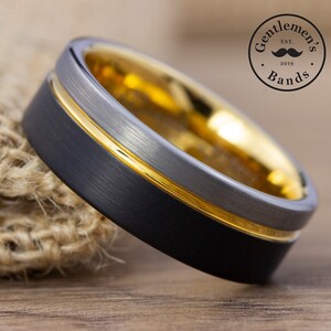 Black Tungsten Ring with Gold Tungsten Groove, Mens Tungsten wedding ring, Mens Wedding Band, Engagement Ring, Promise Ring, Gold Wedding
