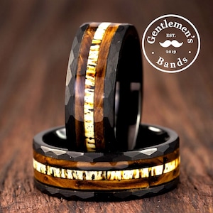 Hammered Ring, Whiskey Barrel Ring, Mens Wedding Band, Deer Antler Ring, Promise Ring For Him, Whiskey Barrel Wood, Wood Wedding Band