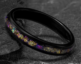 Black 4mm Meteorite Ring, Mens Thin Black Wedding Band, Veil Nebula Ring, Tungsten Outer Space Ring, Man Woman Wedding Ring, Domed Polished