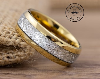 Gold Wolfram Meteorit Herrenring, Meteorit Ring Herrenring Wolfram Hochzeitsband Herrenring, Meteorit Verlobungsring