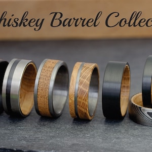 Whisky Barrel Mens Wood Wedding Band Black Tungsten Wood Ring Lined with Whisky Barrel White Oak Mens Wedding Band, Whiskey Wedding Band