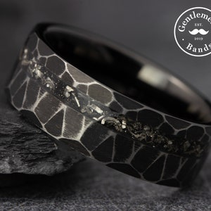 Meteorite Ring, Black Hammered Wedding Band, Black Obsidian Tungsten Ring, Mens Wedding Band, Hammered Ring, Husband Anniversary Gift