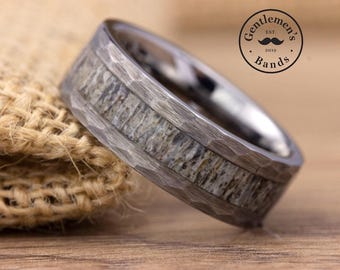 Aliança de casamento masculina com chifres de veado, anel masculino com chifres, anel de tungstênio e prata com chifres de veado, aliança de casamento masculina, anel com chifres de veado, anel de noivado masculino
