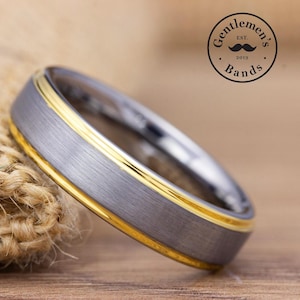 Mens Silver and Gold Wedding Band, Mens Gold Wedding Ring, Mens Brushed Ring, Tungsten Carbide Band, Engagement Ring, Anniversary Ring
