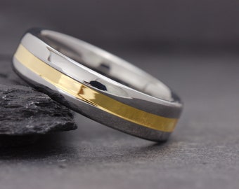 Mens Silver and Gold Polished Wedding Band, Mens Gold Wedding Ring, Mens Polished Ring, Tungsten Carbide Band, Engagement Ring, Silver Ring