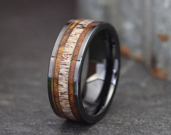 Anillo de bodas de asta de ciervo de 8 mm con incrustaciones negras, anillo de boda, anillo para hombre, anillo de boda con incrustaciones de madera de asta, anillo de boda para hombre.