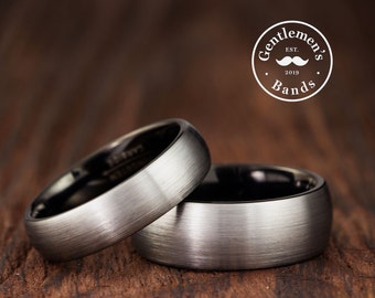 Dunne zwarte obsidiaanstijlring, ringset voor stellen, zwarte obsidiaan wolfraamring, verlovingsringset, trouwringset, belofteringset