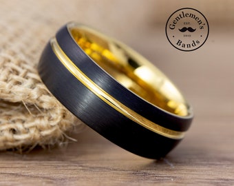 Mens Black Gold Wedding Band, Mens Gold Wedding Ring, Mens Brushed Black Ring, Tungsten Carbide Band, Engagement Ring, Anniversary Ring