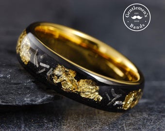Meteorite Gold Leaf Flakes Wedding Band, Crushed Meteorite & Gold Ring 6mm, Mens Wedding Band, Gold Tungsten Ring, Husbands Anniversary Gift