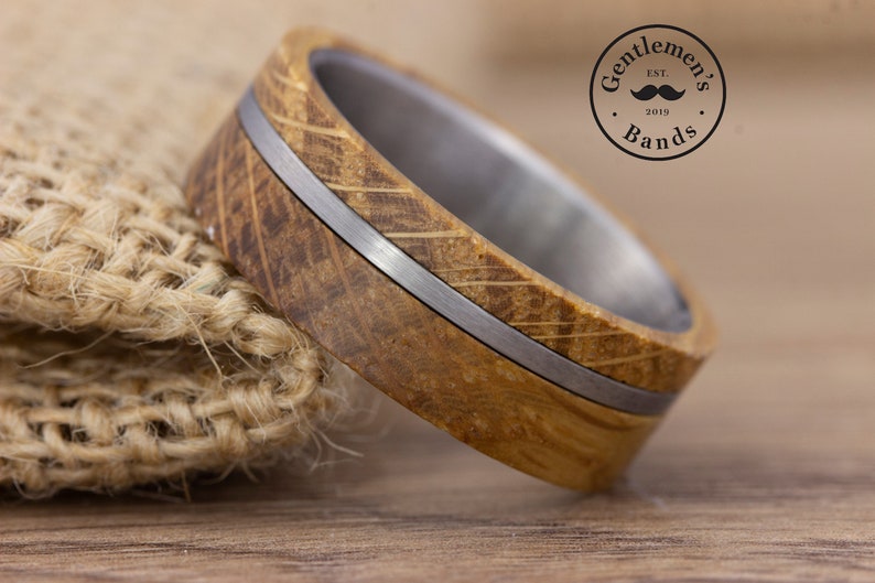 Whiskey Barrel Wedding Ring, Mens Wood Wedding Band, Mens Wedding Band, Mens Promise Ring, Wooden Ring, Husband Anniversary Gift, Engagement image 1