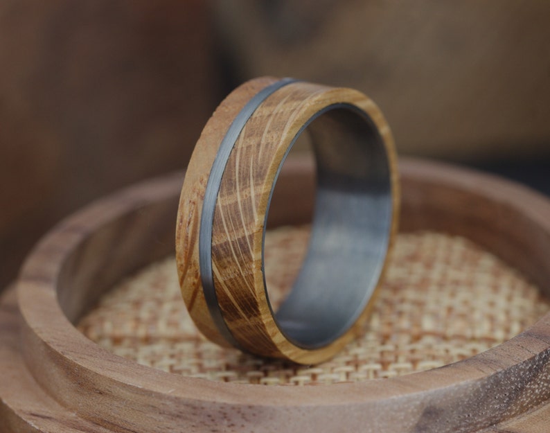 Whiskey Barrel Wedding Ring, Mens Wood Wedding Band, Mens Wedding Band, Mens Promise Ring, Wooden Ring, Husband Anniversary Gift, Engagement image 3