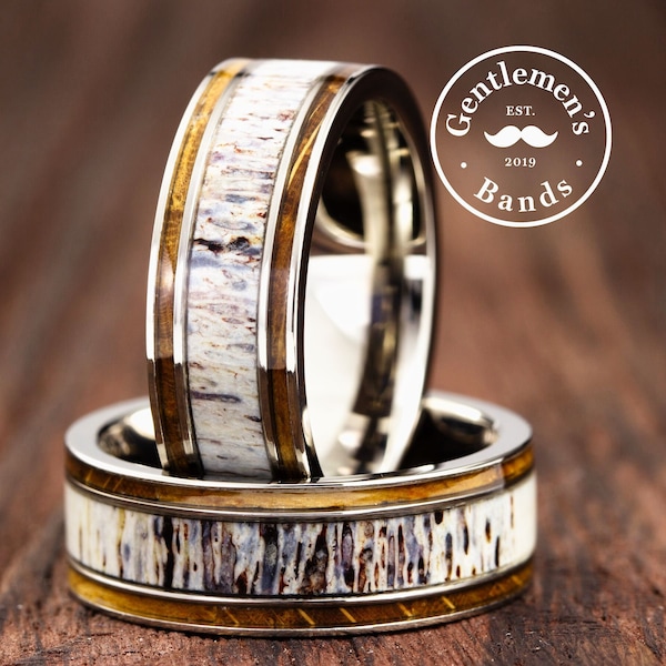 Mens Deer Antler Wedding Band, Mens Whiskey Barrel Wood Ring, Silver Deer Antler Ring, Mens Wedding Band, Antler Ring, Mens Engagement Ring