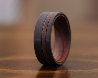 Mens Wood Wedding Band Mens Ring - Brushed Black Mens Wedding Band, TITANUM Ring Wood Inlay Ring - 8mm Unique Wooden Wedding Rings for Men