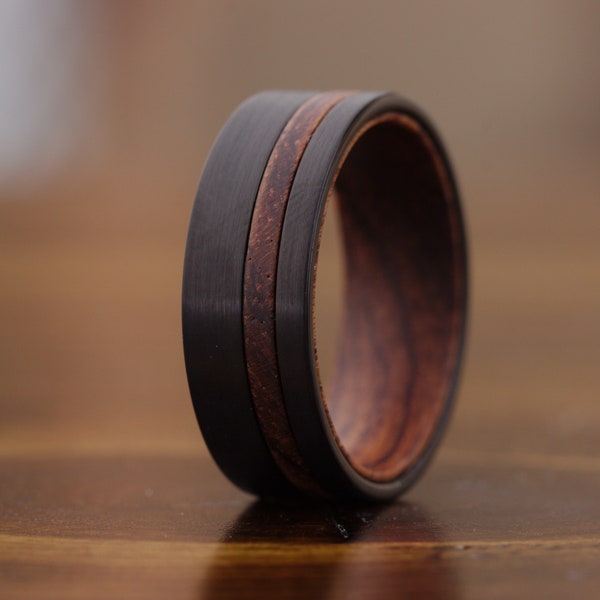 Mens Wood Wedding Band Mens Ring - Brushed Black Mens Wedding Band, TITANUM Ring Wood Inlay Ring - 8mm Unique Wooden Wedding Rings for Men