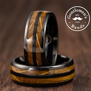 Authentic Whiskey Barrel Wood with Meteorite inlay and Sterling Silver  Flower Engraved Core - Wedding Band - Wood Ring - Sterling Silver