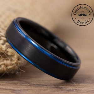 Mens Black and Blue Wedding Band, Mens Brushed Wedding Ring, Mens Black Ring, Tungsten Carbide Band, Engagement Ring, Blue Anniversary Ring