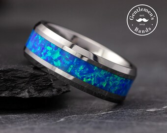 Men Silver Wedding Ring, Opal Wedding Ring, Mens Wedding Band, Mens Engagement Ring, Opal Ring, Mens Anniversary Ring, Mens Promise Ring