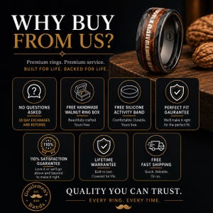 May include: A dark metal ring with a hammered texture and a central inlay of wood and antler. The image features text including WHY BUY FROM US?, NO QUESTIONS ASKED, FREE HANDMADE WALNUT RING BOX, FREE SILICONE ACTIVITY BAND, and QUALITY YOU CAN TRUST.
