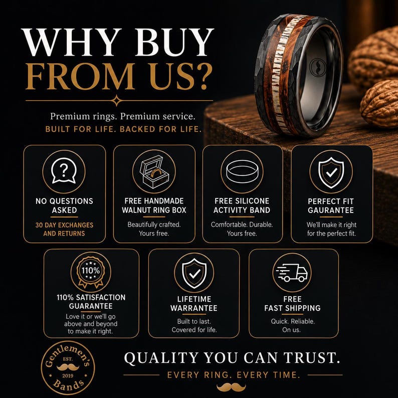 May include: A dark metal ring with a hammered texture and a central inlay of wood and antler. The image features text including WHY BUY FROM US?, NO QUESTIONS ASKED, FREE HANDMADE WALNUT RING BOX, FREE SILICONE ACTIVITY BAND, and QUALITY YOU CAN TRUST.