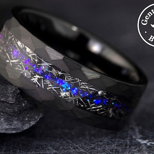 Hamrad meteoritring, svart vigselring för män, blå galaxopalring, vigselring för män, meteoritvigselring, födelsedagspresent till maken