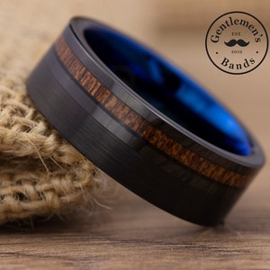 Mens Brushed Black Wedding Band, Koa Wood wedding bands, Mens Engagement Ring, Wood Wedding Ring, Hawaiian Koa Wood Ring, Men Promise Ring