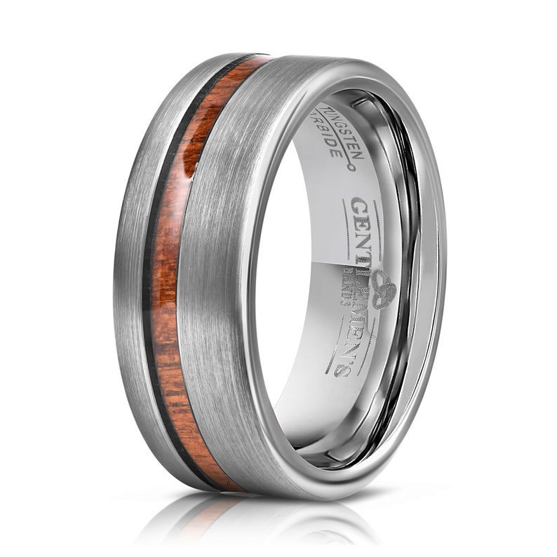 Tungsten Wedding Band Mens Brushed Silver Wedding Ring Koa