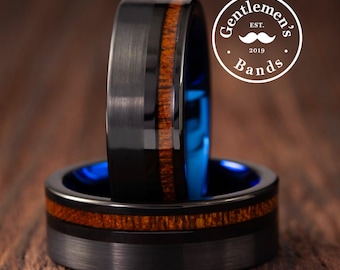 Alianza de boda de madera negra cepillada para hombre, anillo de compromiso único para hombre, anillo negro cepillado, madera de koa hawaiana, anillo de promesa para hombre.