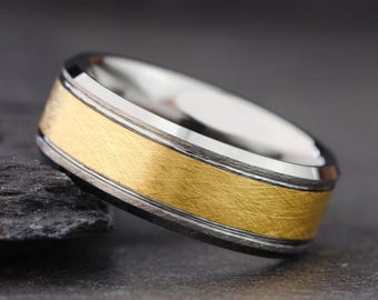 Men's Gold and Silver Wedding Ring, Wire Brushed Wedding Ring, Mens Wedding Band, Mens Engagement Ring, Mens Anniversary Ring, Two Tone Ring