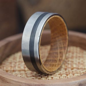 Mens tungsten wedding band with whiskey barrel on Etsy
