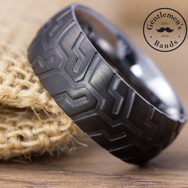 Men's Black Tire Tread Wedding Ring, Laser Carved Wedding Ring, Mens Wedding Band, Mens Engagement Ring, Mens Anniversary Ring, Black Ring