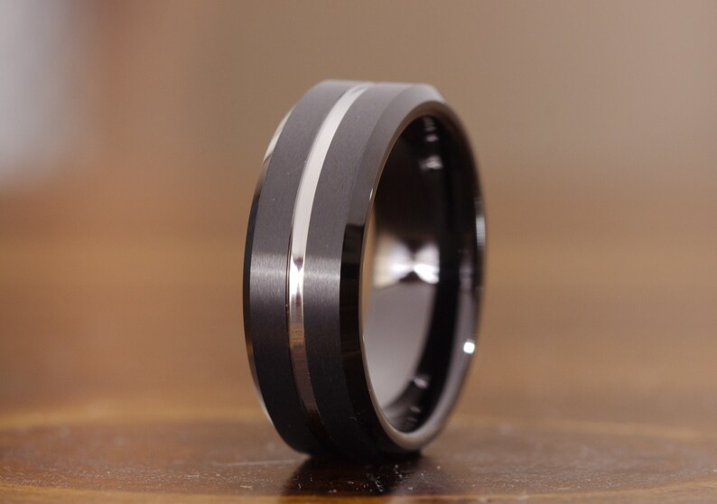 Black and Silver Mens Wedding Ring Black Wedding Band Silver Etsy