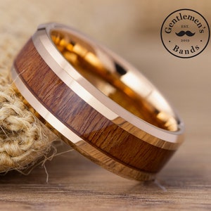 Men&#39;s Rose Gold Wedding Ring, Koa Wood Wedding Ring, Mens Wedding Band, Mens Engagement Ring, Mens Anniversary Ring, Wood Ring