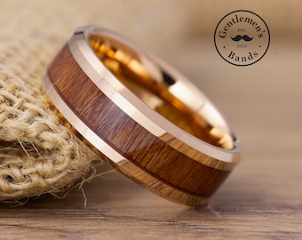 Men's Rose Gold Wedding Ring, Koa Wood Wedding Ring, Mens Wedding Band, Mens Engagement Ring, Mens Anniversary Ring, Wood Ring